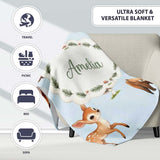 Cute Woodland Forest Animals Bear Bunny Deer on Cream Background  Personalised Custom Name Super Soft Fleece Blanket Bed Sofa Throw