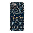 Dark Blue Floral Starburst Decorative Design Custom Name Protective Phone Case Mobile Cover Durable Everyday Smartphone Shock Resistant