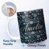 Personalized Custom Name Dark Blue Floral Starburst Seamless Pattern Elegant Night Sky 11oz Ceramic Coffee Tea Mug White Large Handle