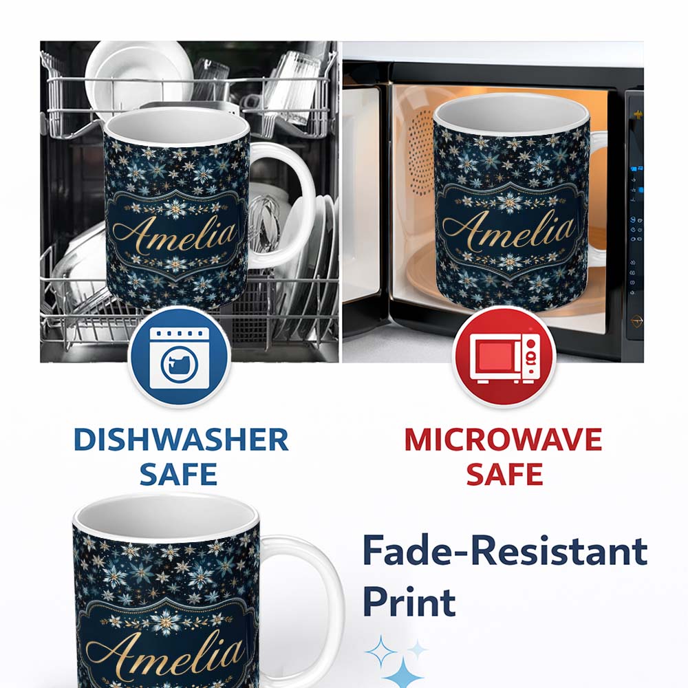 Personalized Custom Name Dark Blue Floral Starburst Seamless Pattern Elegant Night Sky 11oz Ceramic Coffee Tea Mug White Large Handle