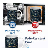 Personalized Custom Name Dark Blue Floral Starburst Seamless Pattern Elegant Night Sky 11oz Ceramic Coffee Tea Mug White Large Handle
