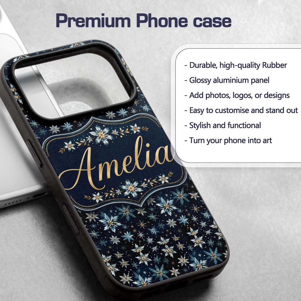 Dark Blue Floral Starburst Decorative Design Custom Name Protective Phone Case Mobile Cover Durable Everyday Smartphone Shock Resistant