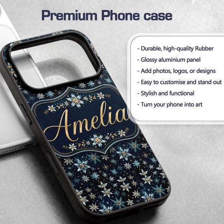 Dark Blue Floral Starburst Decorative Design Custom Name Protective Phone Case Mobile Cover Durable Everyday Smartphone Shock Resistant