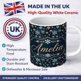 Personalized Custom Name Dark Blue Floral Starburst Seamless Pattern Elegant Night Sky 11oz Ceramic Coffee Tea Mug White Large Handle