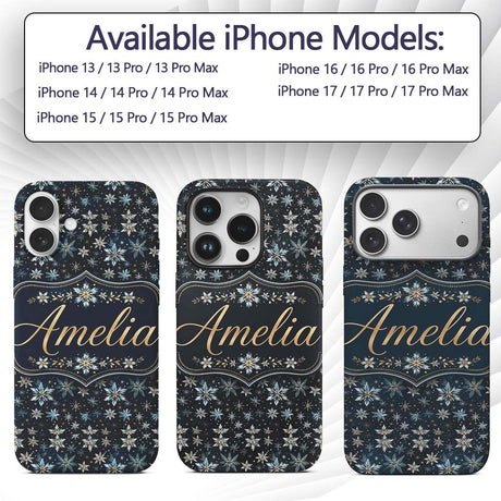 Dark Blue Floral Starburst Decorative Design Custom Name Protective Phone Case Mobile Cover Durable Everyday Smartphone Shock Resistant