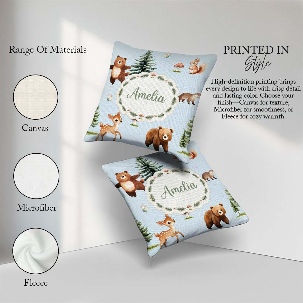 Custom Name Woodland Animals Bear Bunny Deer on Cream Background Square Filled Cushion Throw Pillow Sofa Bed Home Decor Zip Washable UK Made