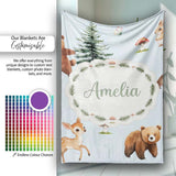 Cute Woodland Forest Animals Bear Bunny Deer on Cream Background  Personalised Custom Name Super Soft Fleece Blanket Bed Sofa Throw