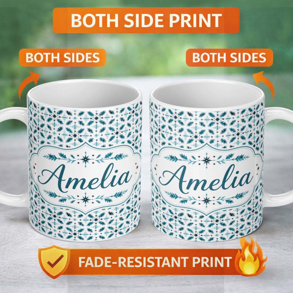 Personalized Custom Name Teal Snowflake Geometric Seamless Pattern Winter Decorative 11oz Ceramic Coffee Tea Mug White Large Handle