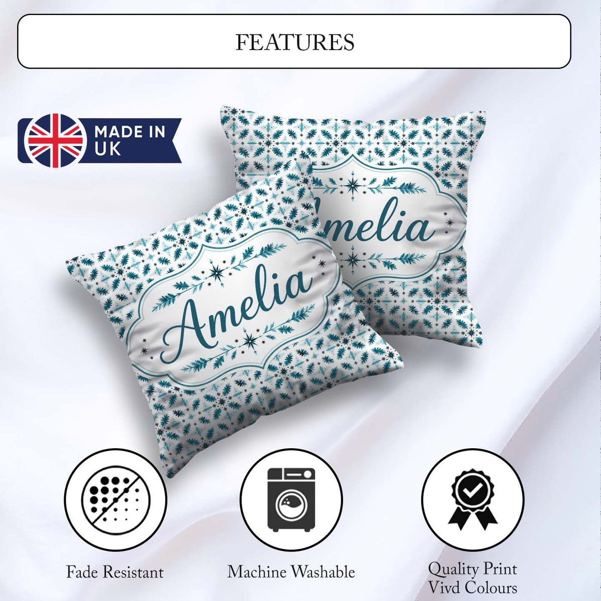 Custom Name Teal Snowflake Geometric Seamless Pattern Decorative Square Filled Cushion Throw Pillow Sofa Bed Home Decor Zip Washable UK Made