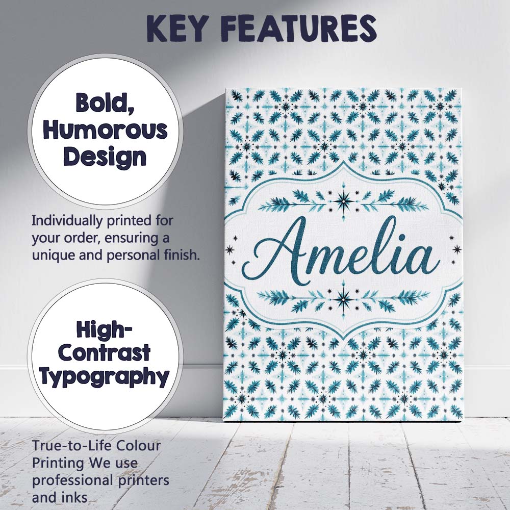 Personalised Name Teal Snowflake Geometric Custom  Unique Gift Idea Elegant Feature Canvas Wall Art Print Decor Picture Ready to Hang