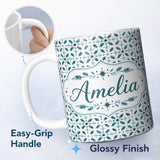 Personalized Custom Name Teal Snowflake Geometric Seamless Pattern Winter Decorative 11oz Ceramic Coffee Tea Mug White Large Handle
