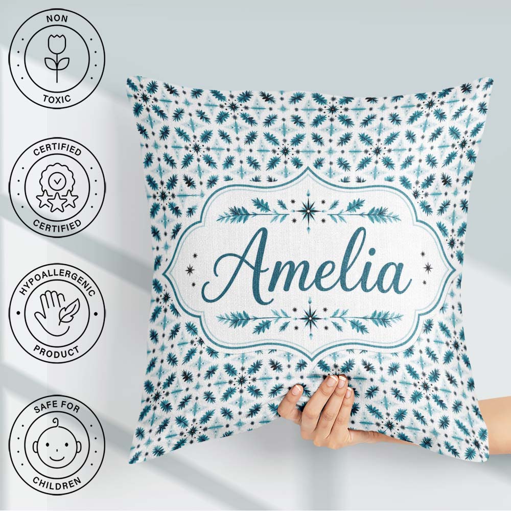 Custom Name Teal Snowflake Geometric Seamless Pattern Decorative Square Filled Cushion Throw Pillow Sofa Bed Home Decor Zip Washable UK Made
