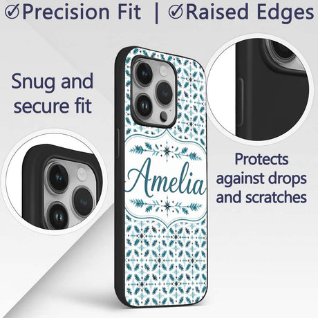 Teal Snowflake Geometric Seamless Pattern Winter Custom Name Protective Phone Case Mobile Cover Durable Everyday Smartphone Shock Resistant
