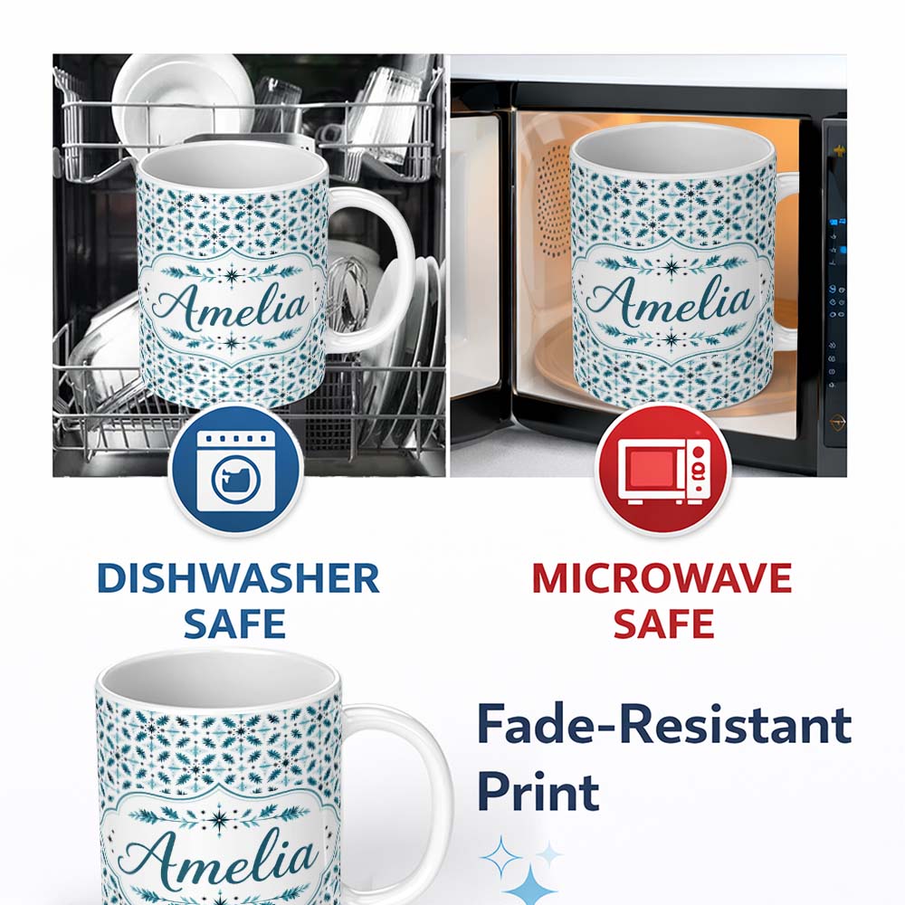 Personalized Custom Name Teal Snowflake Geometric Seamless Pattern Winter Decorative 11oz Ceramic Coffee Tea Mug White Large Handle