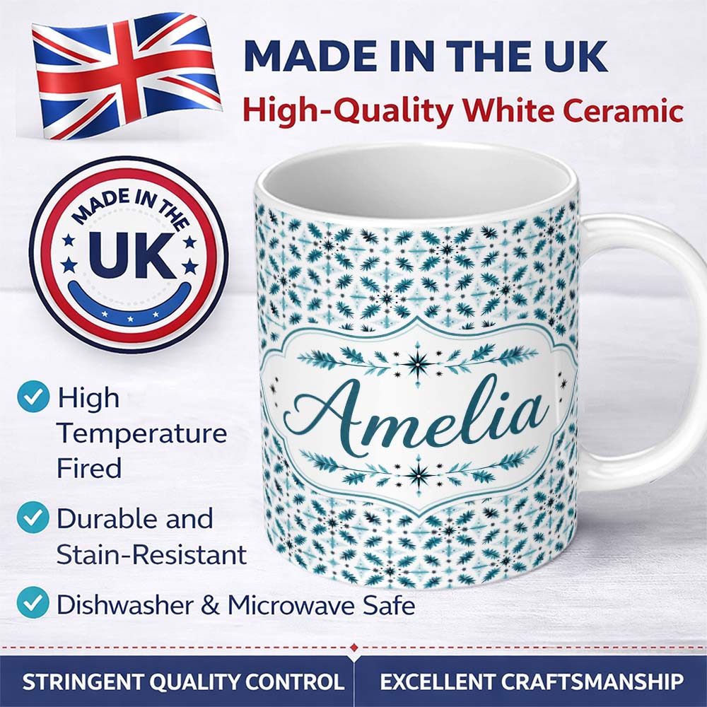 Personalized Custom Name Teal Snowflake Geometric Seamless Pattern Winter Decorative 11oz Ceramic Coffee Tea Mug White Large Handle