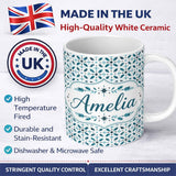 Personalized Custom Name Teal Snowflake Geometric Seamless Pattern Winter Decorative 11oz Ceramic Coffee Tea Mug White Large Handle