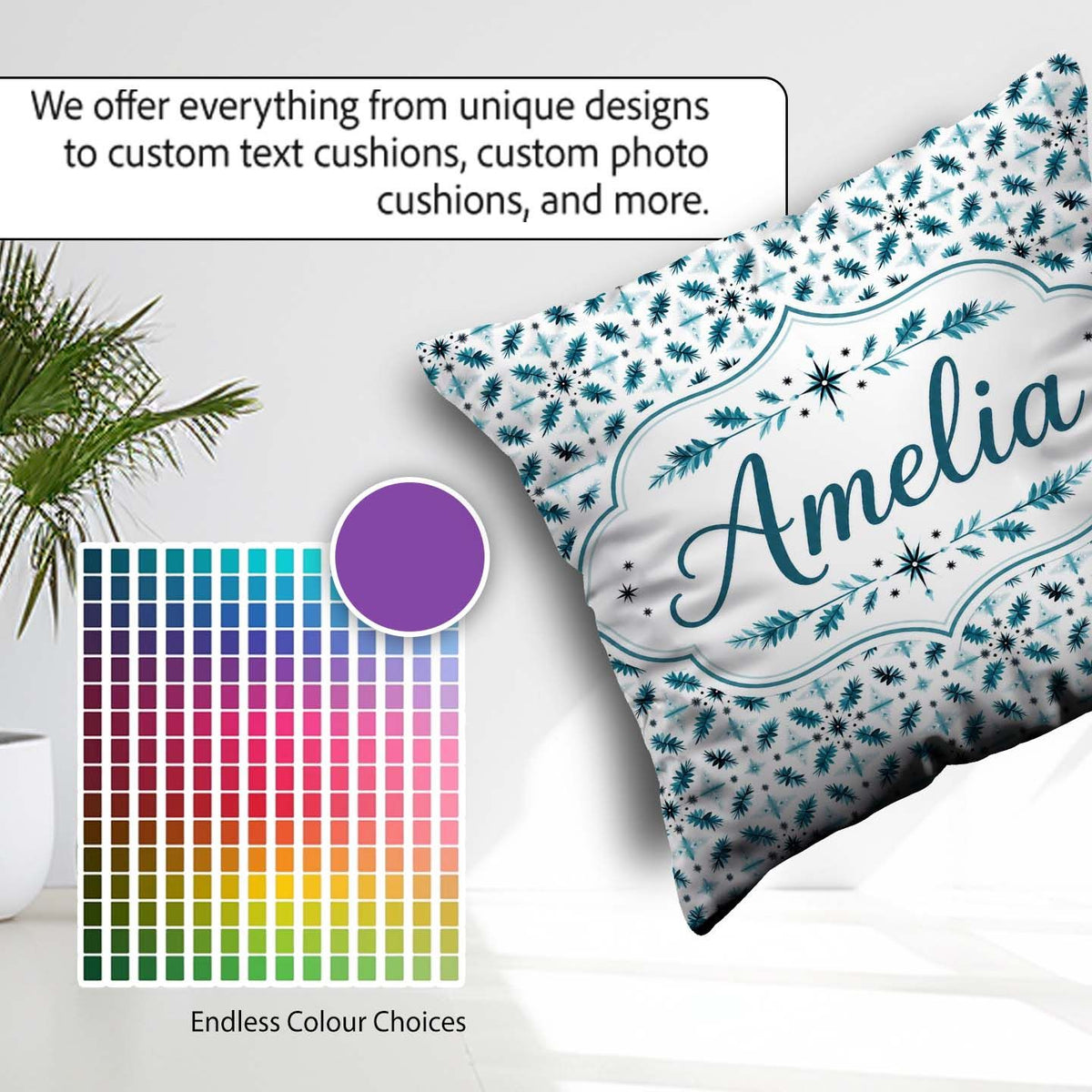 Custom Name Teal Snowflake Geometric Seamless Pattern Decorative Square Filled Cushion Throw Pillow Sofa Bed Home Decor Zip Washable UK Made