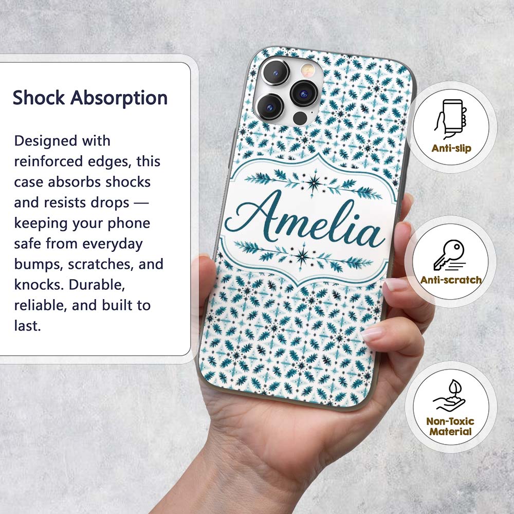 Teal Snowflake Geometric Seamless Pattern Winter Custom Name Protective Phone Case Mobile Cover Durable Everyday Smartphone Shock Resistant
