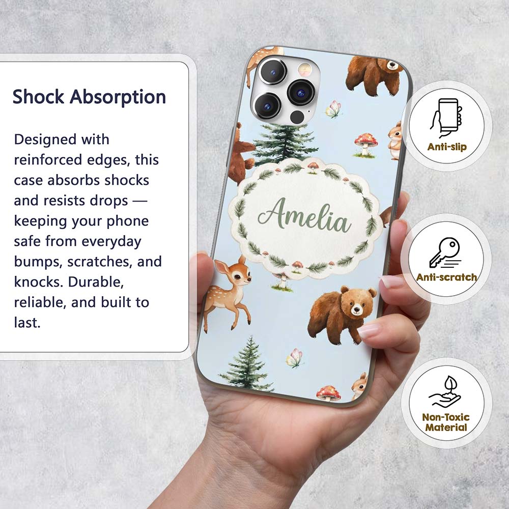 Cute Woodland Forest Animals Bear Bunny Deer on Custom Name Protective Phone Case Mobile Cover Durable Everyday Smartphone Shock Resistant