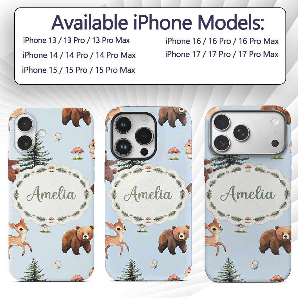 Cute Woodland Forest Animals Bear Bunny Deer on Custom Name Protective Phone Case Mobile Cover Durable Everyday Smartphone Shock Resistant