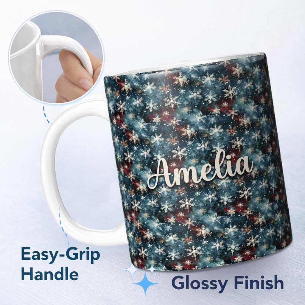 Personalized Custom Name Galaxy Snowflake Star Seamless Pattern Dark Cosmic Winter 11oz Ceramic Coffee Tea Mug White Large Handle
