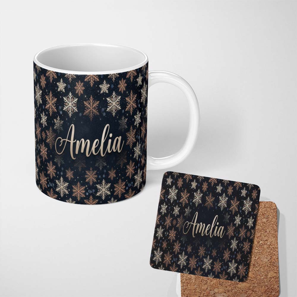 Personalized Custom Name Elegant Gold Snowflake Dark Winter Seamless Pattern Night Sky 11oz Ceramic Coffee Tea Mug White Large Handle