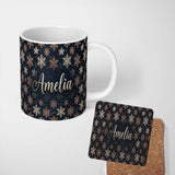 Personalized Custom Name Elegant Gold Snowflake Dark Winter Seamless Pattern Night Sky 11oz Ceramic Coffee Tea Mug White Large Handle