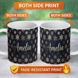 Personalized Custom Name Elegant Gold Snowflake Dark Winter Seamless Pattern Night Sky 11oz Ceramic Coffee Tea Mug White Large Handle