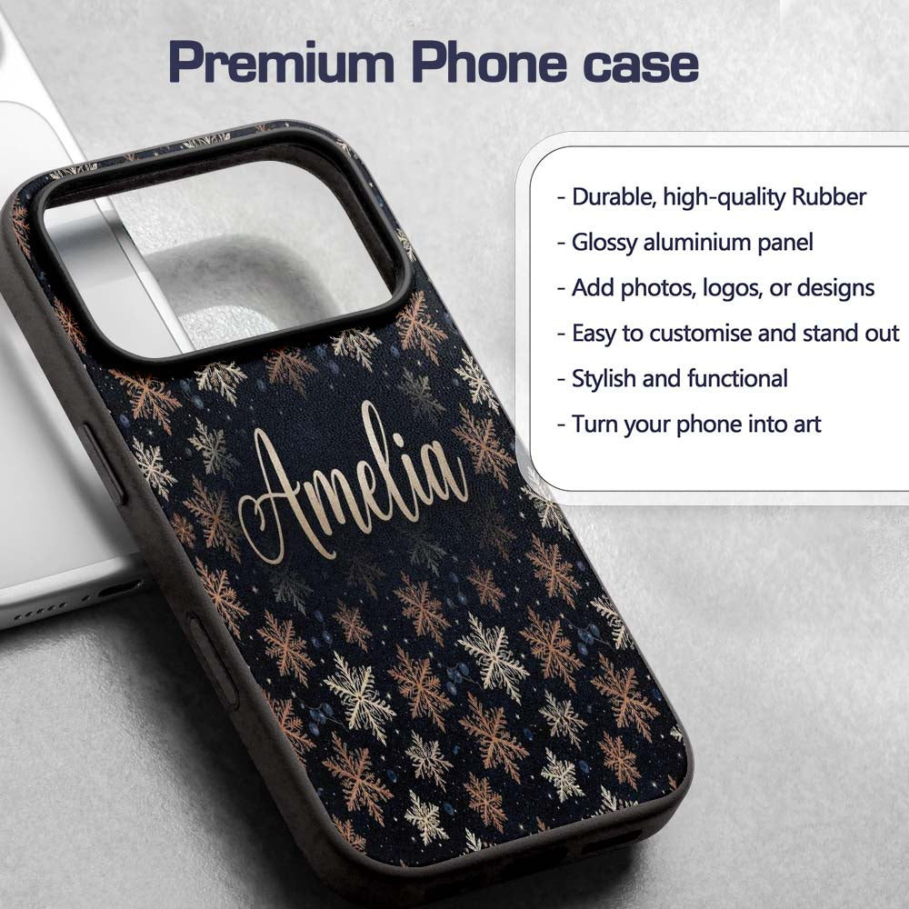 Elegant Gold Snowflake Dark Winter Printed Design Custom Name Protective Phone Case Mobile Cover Durable Everyday Smartphone Shock Resistant