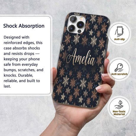 Elegant Gold Snowflake Dark Winter Printed Design Custom Name Protective Phone Case Mobile Cover Durable Everyday Smartphone Shock Resistant