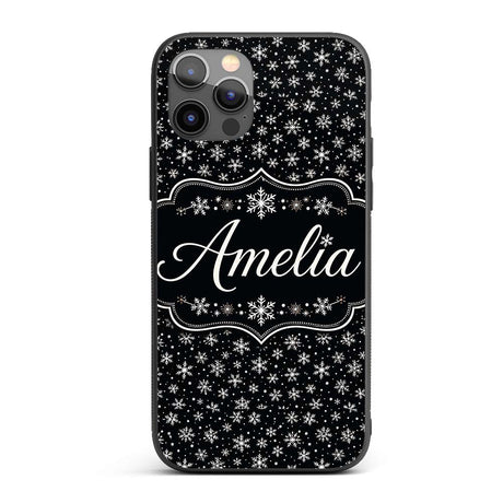Minimal White Snowflake Black Background Seamless Custom Name Protective Phone Case Mobile Cover Durable Everyday Smartphone Shock Resistant