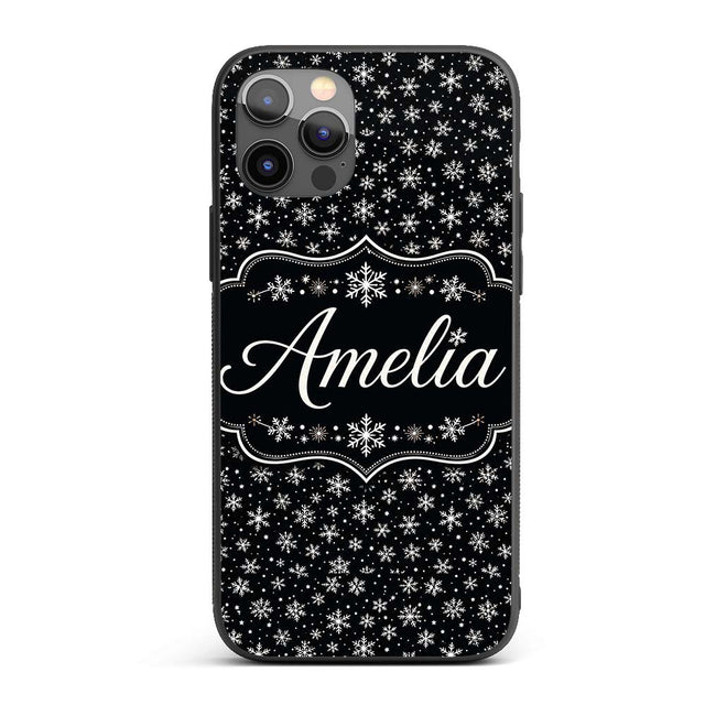 Minimal White Snowflake Black Background Seamless Custom Name Protective Phone Case Mobile Cover Durable Everyday Smartphone Shock Resistant