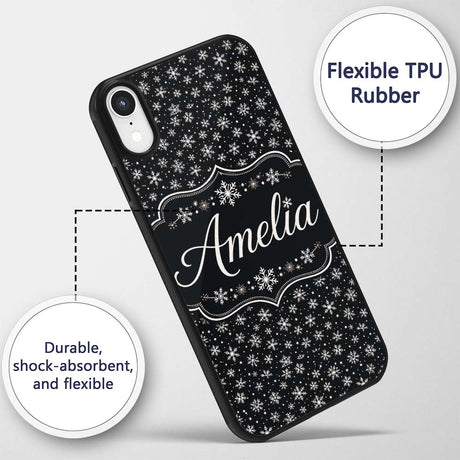 Minimal White Snowflake Black Background Seamless Custom Name Protective Phone Case Mobile Cover Durable Everyday Smartphone Shock Resistant