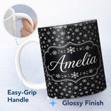 Personalized Custom Name Minimal White Snowflake Black Background Seamless Pattern Winter 11oz Ceramic Coffee Tea Mug White Large Handle