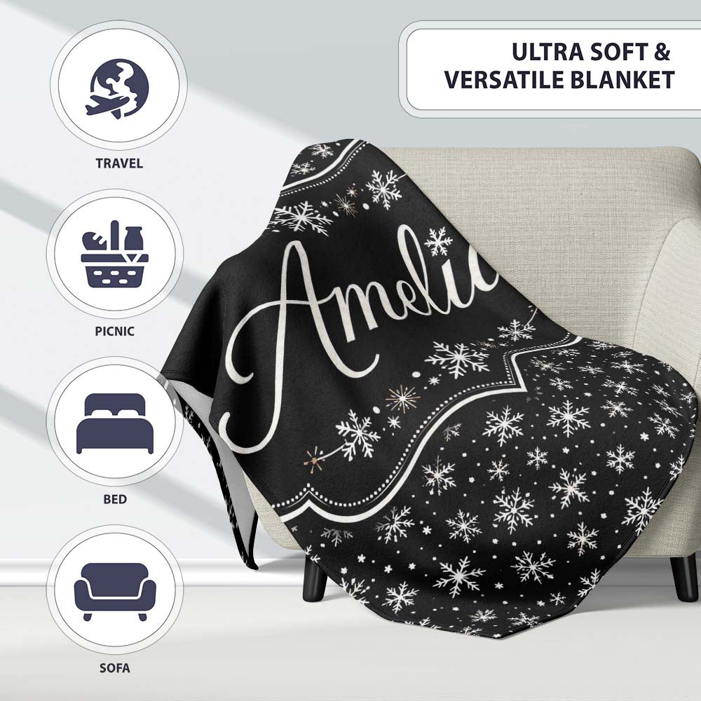 Minimal White Snowflake Black Background Seamless Pattern Winter  Personalised Custom Name Super Soft Fleece Blanket Bed Sofa Throw