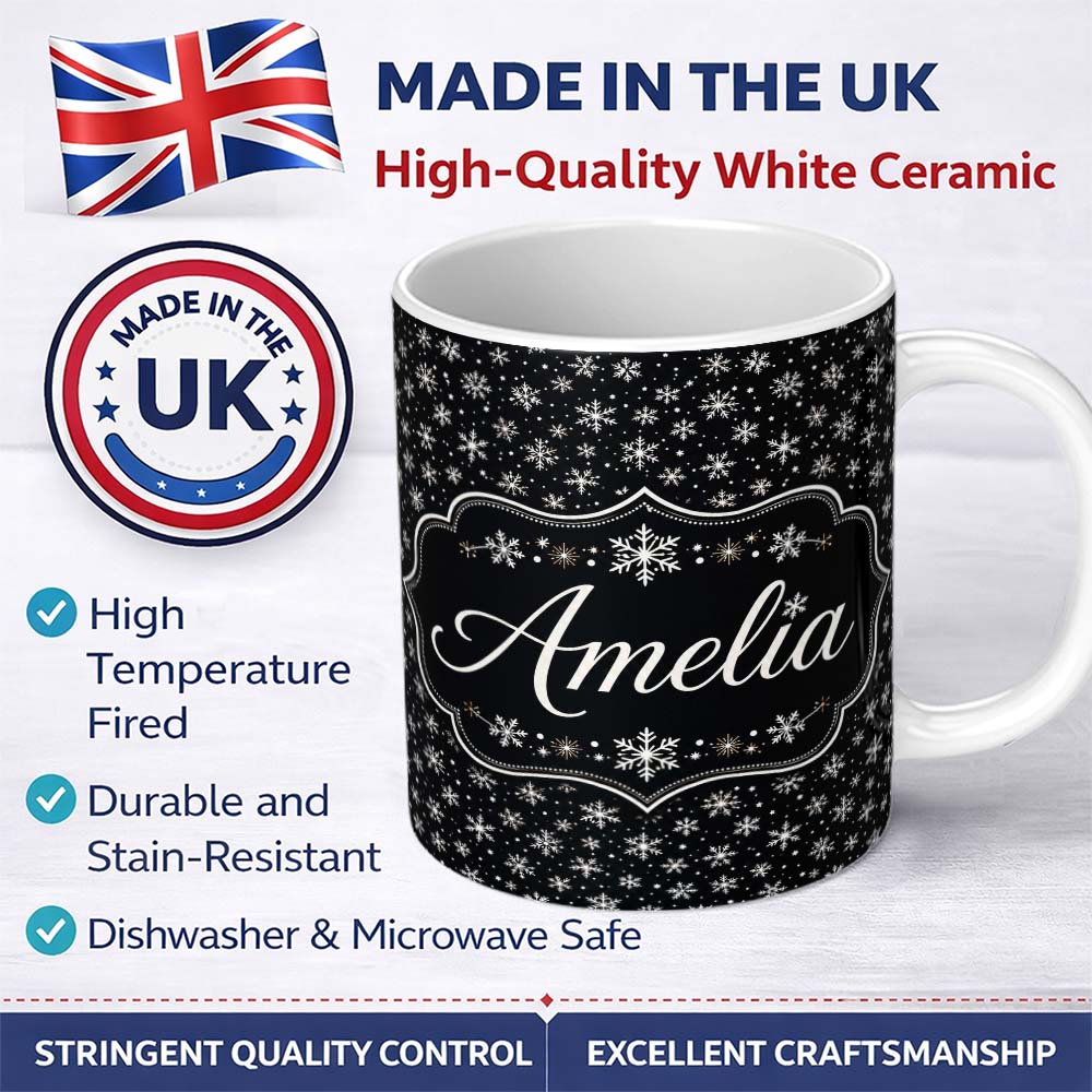 Personalized Custom Name Minimal White Snowflake Black Background Seamless Pattern Winter 11oz Ceramic Coffee Tea Mug White Large Handle