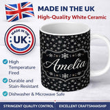 Personalized Custom Name Minimal White Snowflake Black Background Seamless Pattern Winter 11oz Ceramic Coffee Tea Mug White Large Handle