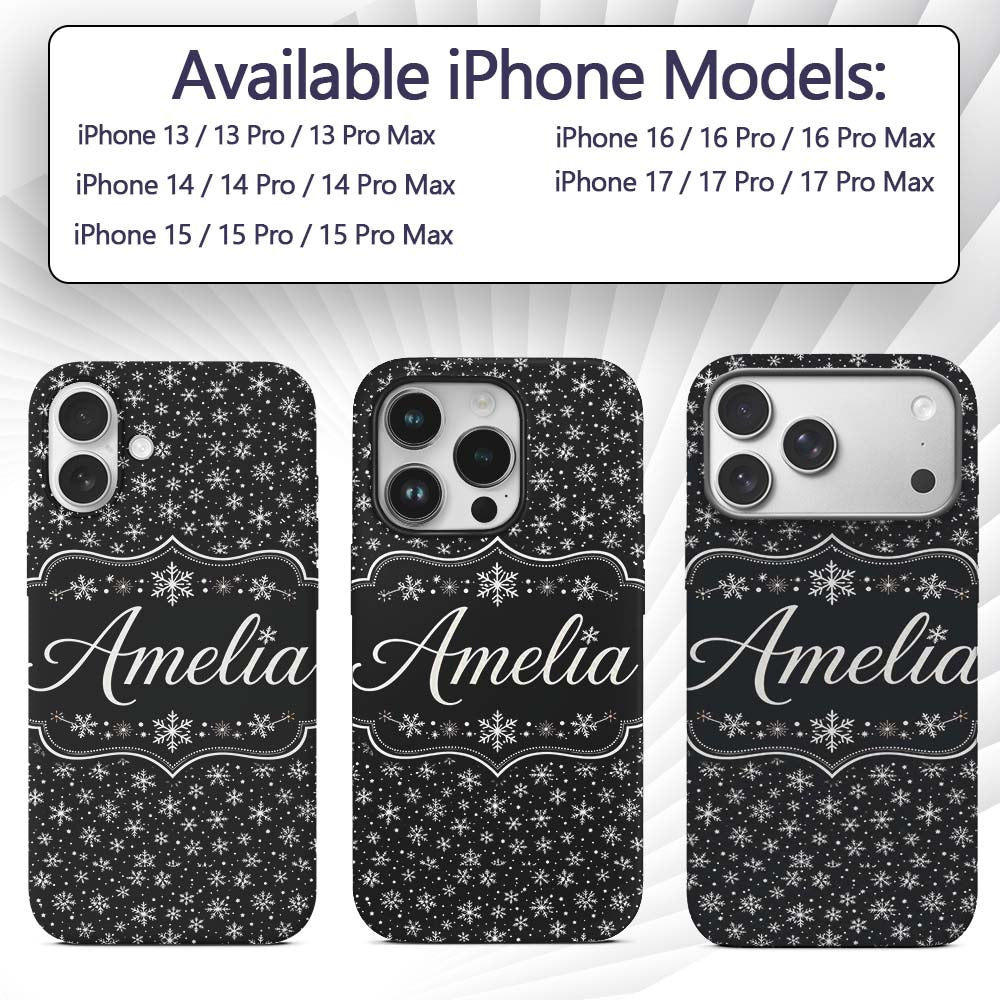 Minimal White Snowflake Black Background Seamless Custom Name Protective Phone Case Mobile Cover Durable Everyday Smartphone Shock Resistant