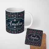 Personalized Custom Name Festive Red Blue Snowflake Seamless Pattern Christmas Holiday 11oz Ceramic Coffee Tea Mug White Large Handle