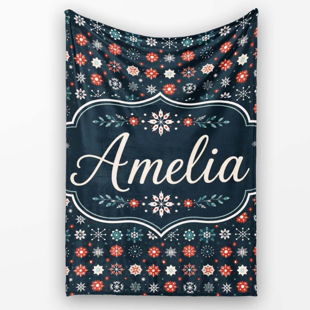 Festive Red Blue Snowflake Seamless Pattern Christmas Holiday  Personalised Custom Name Super Soft Fleece Blanket Bed Sofa Throw
