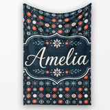 Festive Red Blue Snowflake Seamless Pattern Christmas Holiday  Personalised Custom Name Super Soft Fleece Blanket Bed Sofa Throw