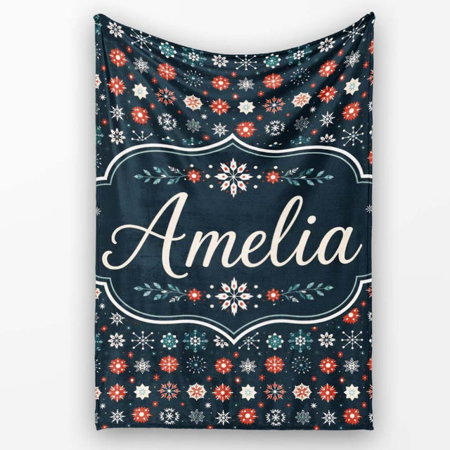 Festive Red Blue Snowflake Seamless Pattern Christmas Holiday  Personalised Custom Name Super Soft Fleece Blanket Bed Sofa Throw