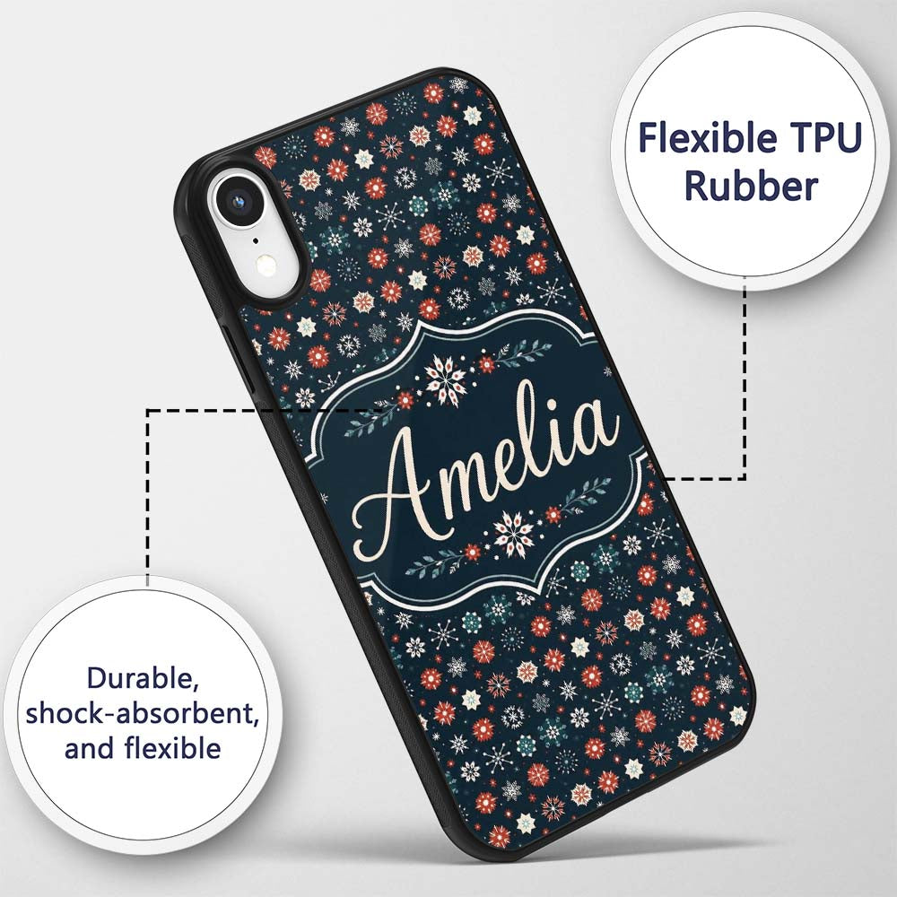 Festive Red Blue Snowflake Decorative Design Custom Name Protective Phone Case Mobile Cover Durable Everyday Smartphone Shock Resistant