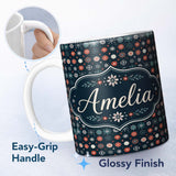 Personalized Custom Name Festive Red Blue Snowflake Seamless Pattern Christmas Holiday 11oz Ceramic Coffee Tea Mug White Large Handle
