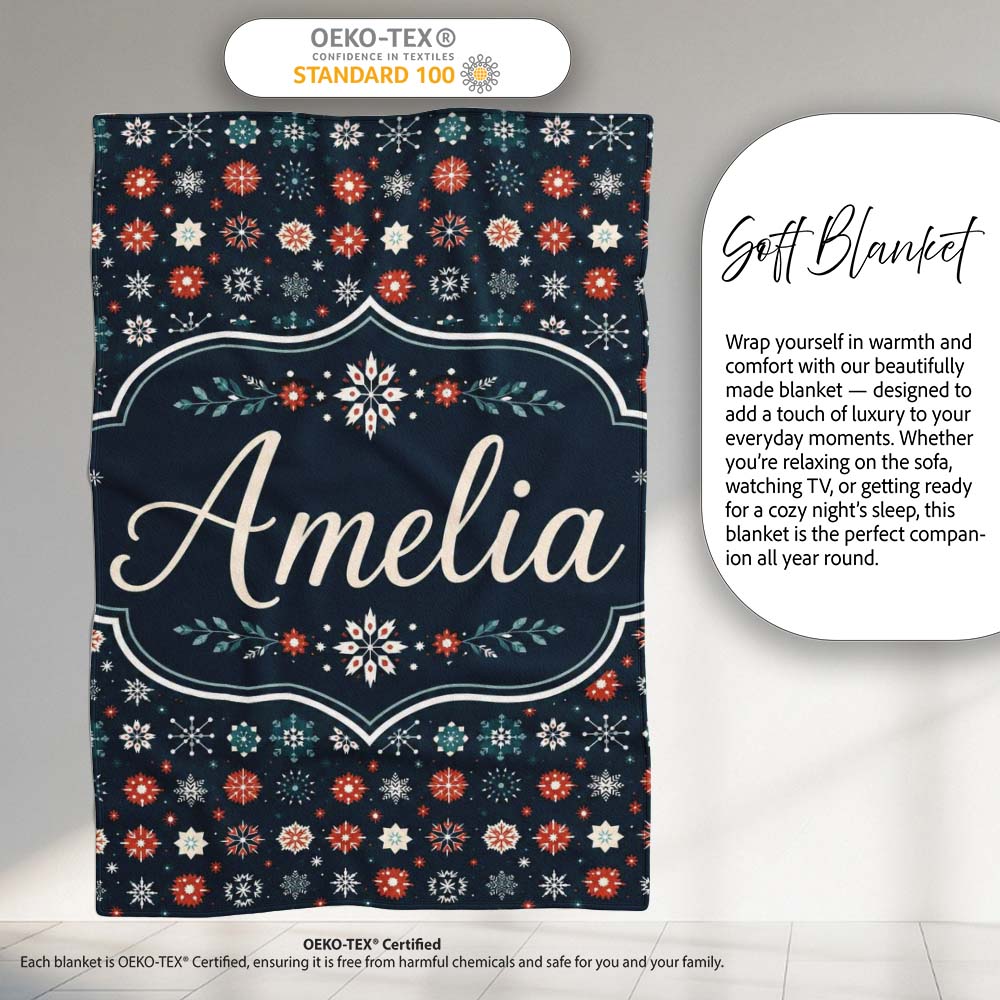 Festive Red Blue Snowflake Seamless Pattern Christmas Holiday  Personalised Custom Name Super Soft Fleece Blanket Bed Sofa Throw