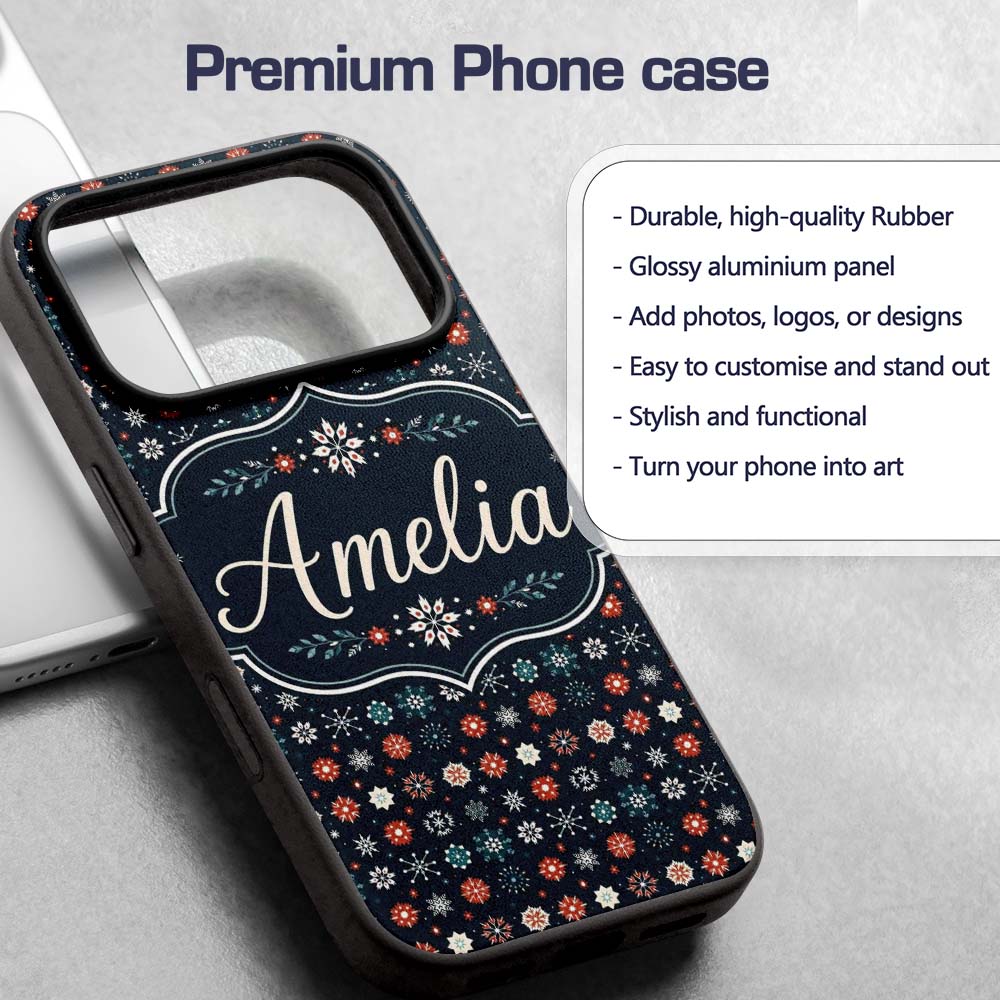Festive Red Blue Snowflake Decorative Design Custom Name Protective Phone Case Mobile Cover Durable Everyday Smartphone Shock Resistant