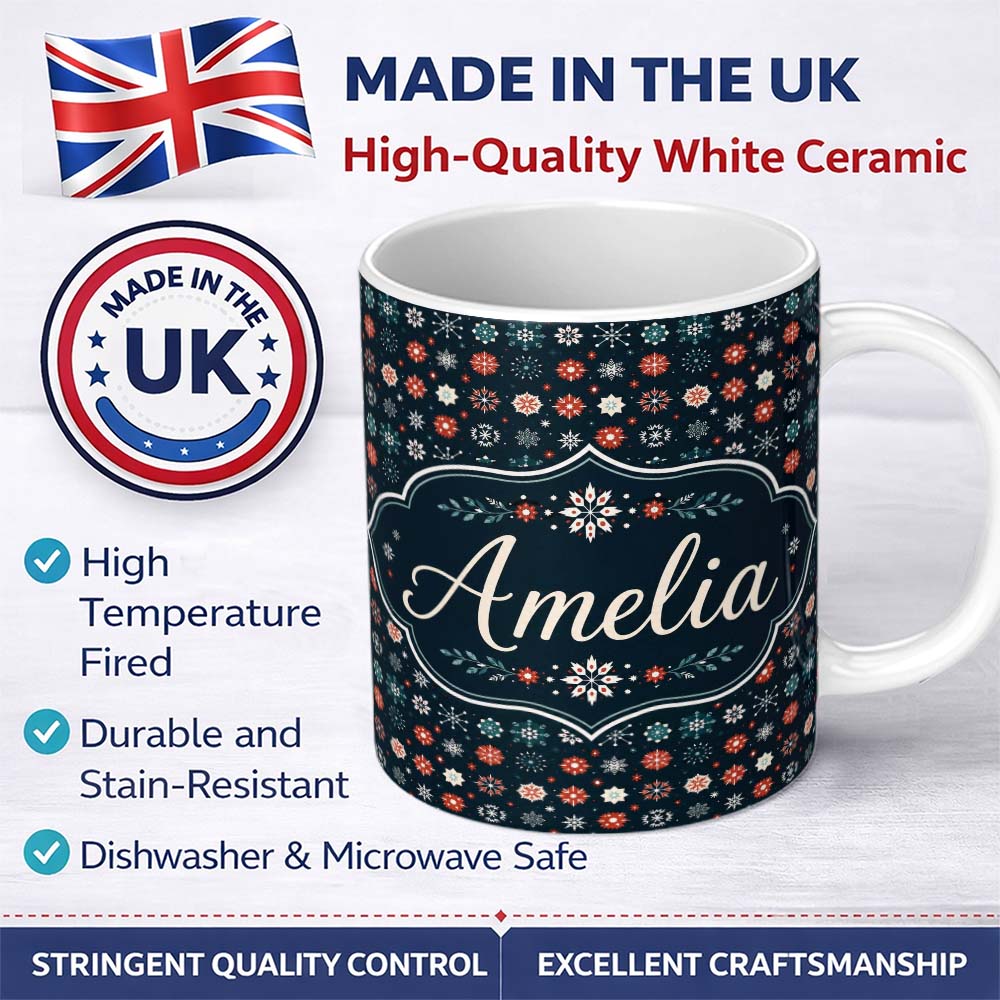 Personalized Custom Name Festive Red Blue Snowflake Seamless Pattern Christmas Holiday 11oz Ceramic Coffee Tea Mug White Large Handle