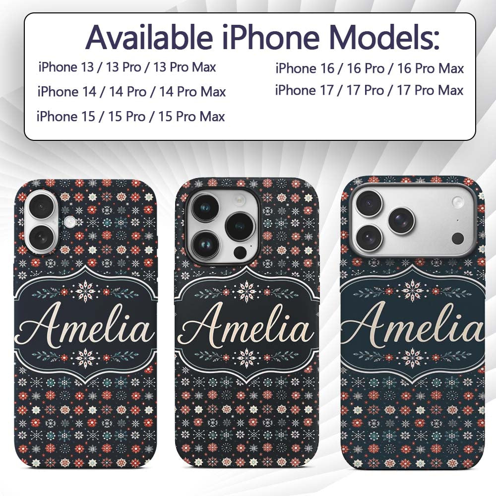 Festive Red Blue Snowflake Decorative Design Custom Name Protective Phone Case Mobile Cover Durable Everyday Smartphone Shock Resistant