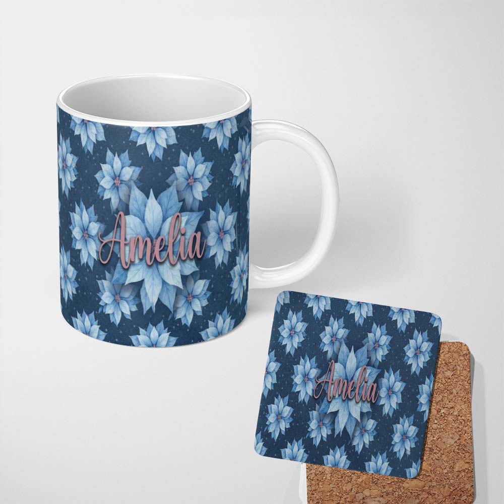 Personalized Custom Name Blue Poinsettia Floral Winter Seamless Pattern Elegant Christmas 11oz Ceramic Coffee Tea Mug White Large Handle
