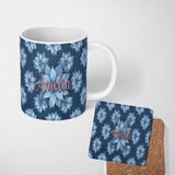 Personalized Custom Name Blue Poinsettia Floral Winter Seamless Pattern Elegant Christmas 11oz Ceramic Coffee Tea Mug White Large Handle